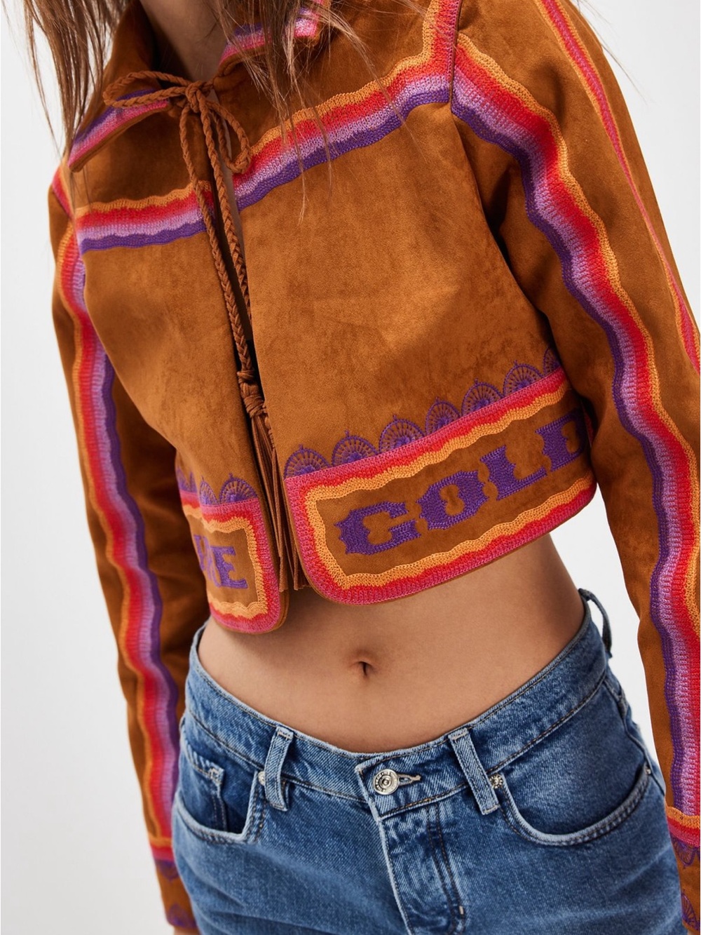 MOTHER Brown Suede Cropped Jacket with Pink & Purple Trim - Picture 2 of 9